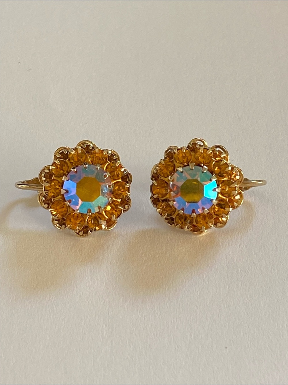 Vintage 1961 Sarah Coventry "Amber Lights" Double Halo Prong Set Earrings